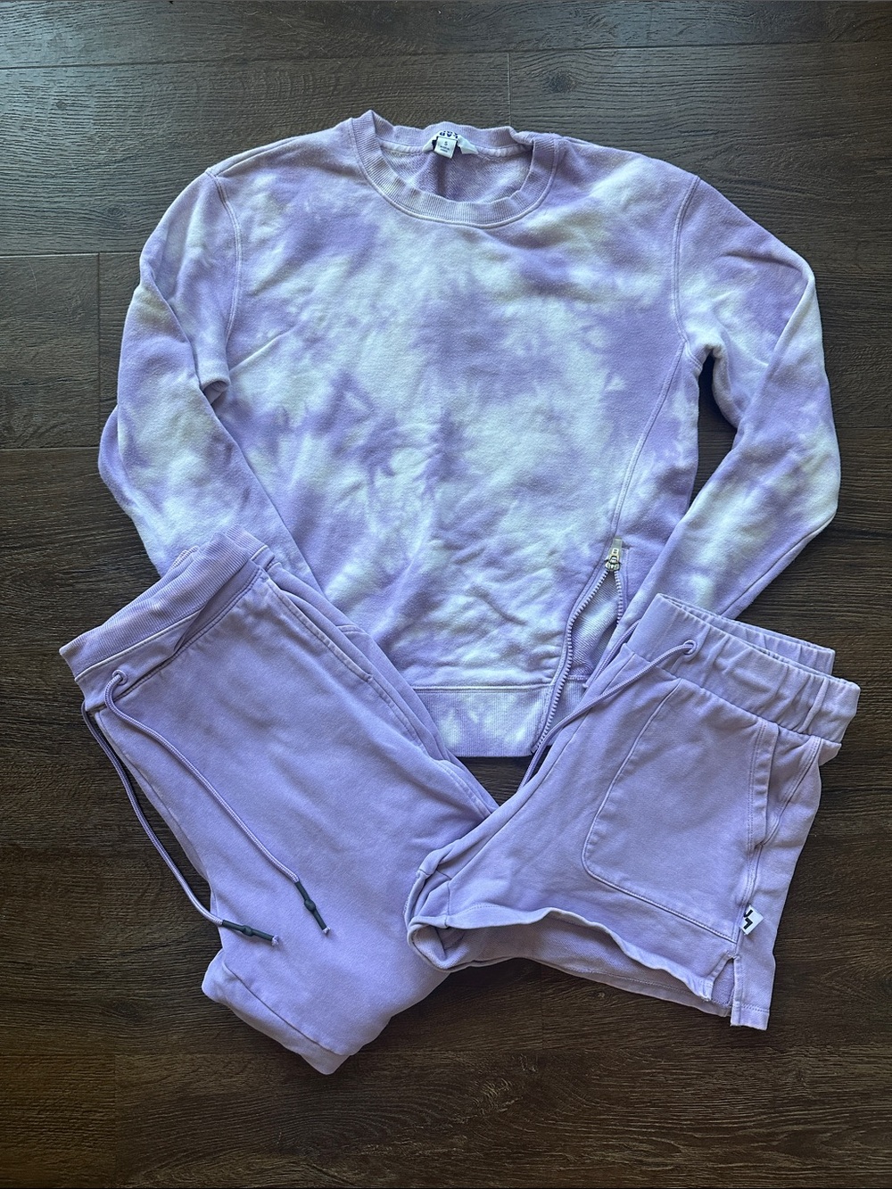 JoyLab Lavender Tie-Dye Crewneck Sweatshirt, joggers, and shorts